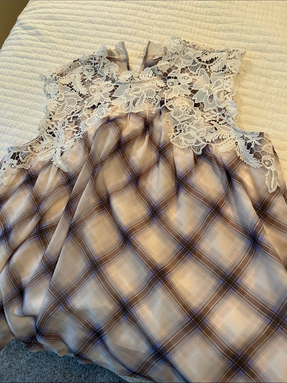 LOFT Cream and Brown Plaid Lace Yoke Sleeveless Blouse